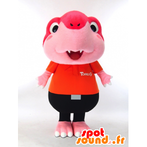 Mascotte de Toirex9, dinosaure rose habillé en orange et noir - MASFR27321 - Mascottes Yuru-Chara Japonaises