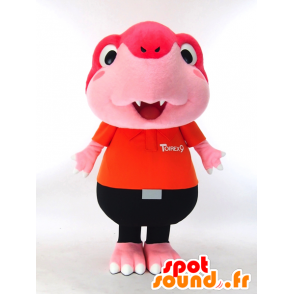 Mascot Toirex9, vaaleanpunainen dinosaurus pukeutunut oranssi ja musta - MASFR27321 - Mascottes Yuru-Chara Japonaises