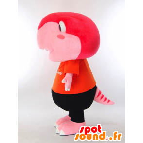 Mascotte de Toirex9, dinosaure rose habillé en orange et noir - MASFR27321 - Mascottes Yuru-Chara Japonaises
