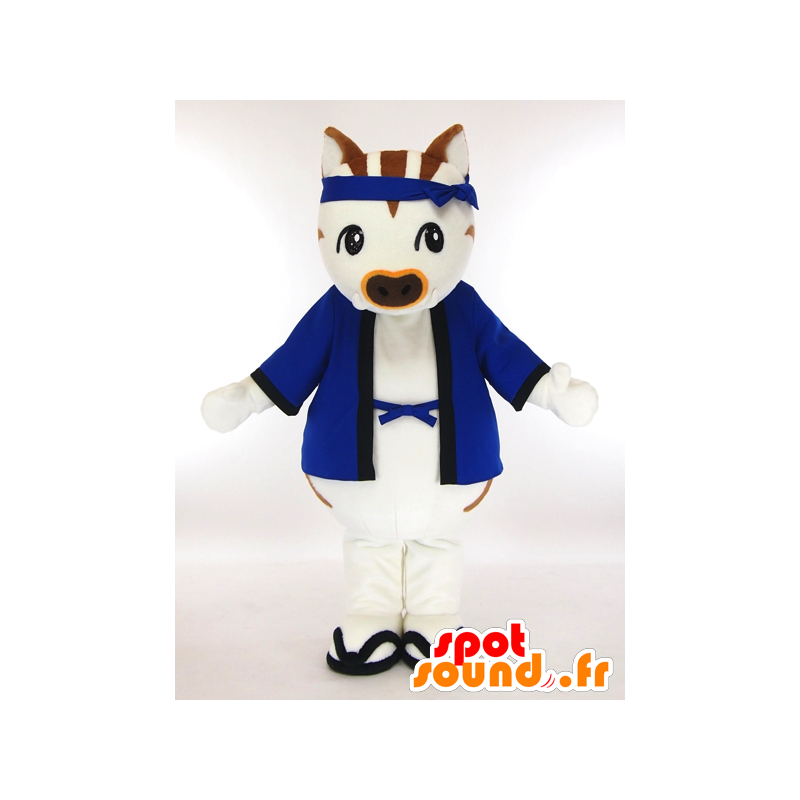 Mascotte de Ibukkyi, sanglier blanc et marron avec un kimono bleu - MASFR27332 - Mascottes Yuru-Chara Japonaises