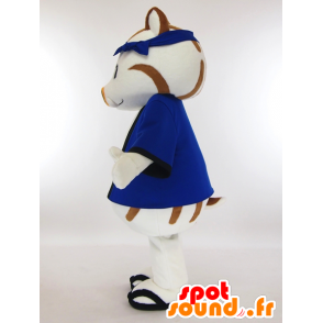 Mascot Ibukkyi, valkoinen ja ruskea karhu sininen kimono - MASFR27332 - Mascottes Yuru-Chara Japonaises