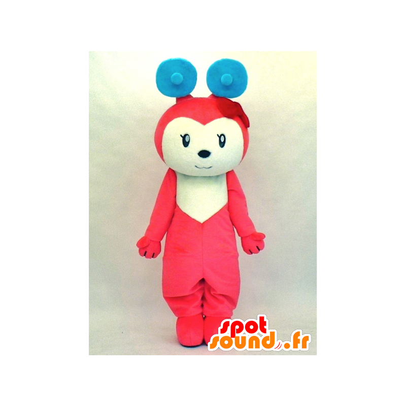 Mascot Michu, vaaleanpunainen ja valkoinen koira ja hauska jättiläinen - MASFR27335 - Mascottes Yuru-Chara Japonaises