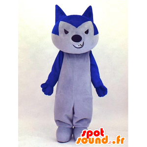 Grå og blå ulvehundmaskot ser hård ud - Spotsound maskot kostume