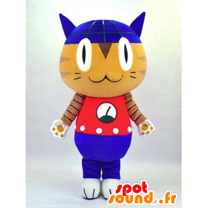 Robonya mascot, beige and blue cat holding red and blue - MASFR27337 - Yuru-Chara Japanese mascots