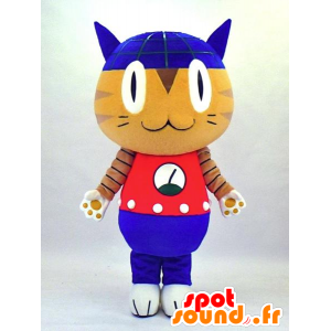 赤と青の衣装を着たロボニアのマスコット、ベージュと青の猫-MASFR27337-日本のゆるキャラのマスコット
