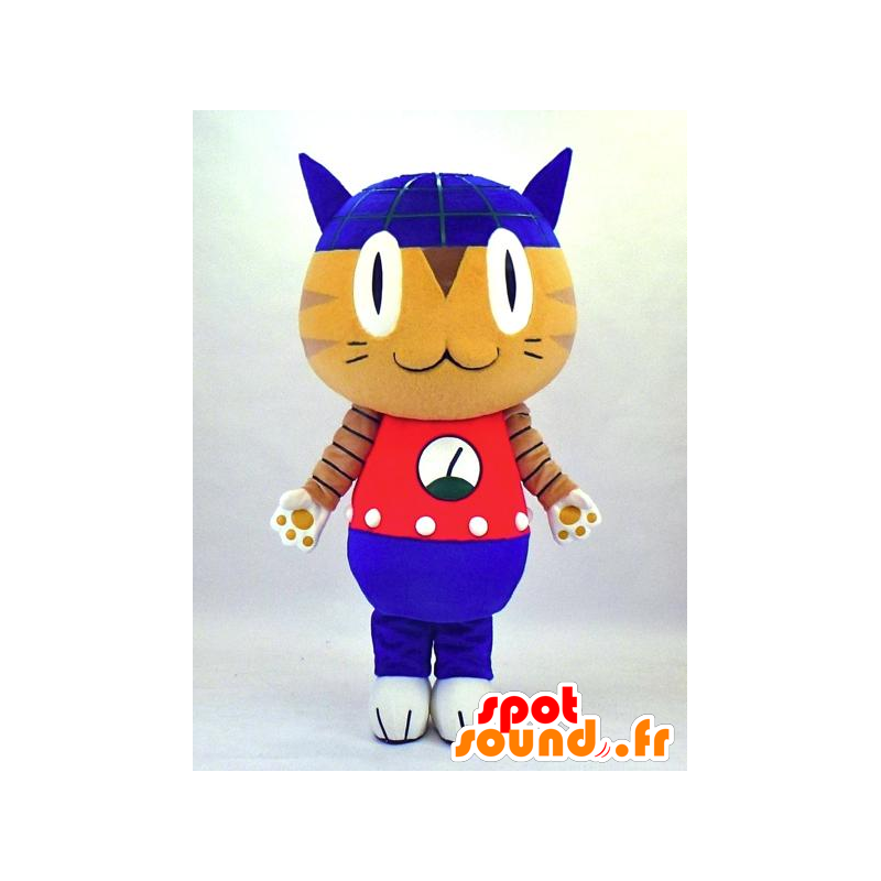 Robonya mascot, beige and blue cat holding red and blue - MASFR27337 - Yuru-Chara Japanese mascots