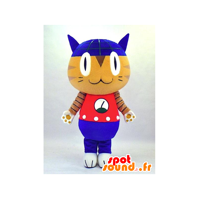 Robonya mascotte, gatto beige e blu in possesso di rosso e blu - MASFR27337 - Yuru-Chara mascotte giapponese