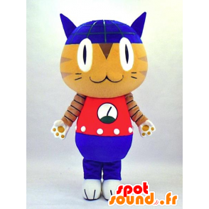 Robonya mascot, beige and blue cat holding red and blue - MASFR27337 - Yuru-Chara Japanese mascots