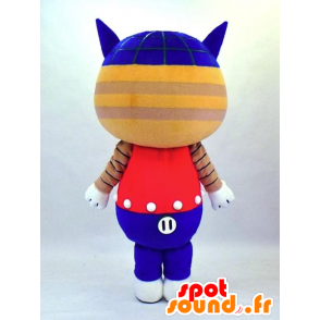 Mascotte de Robonya, chat beige et bleu en tenue rouge et bleue - MASFR27337 - Mascottes Yuru-Chara Japonaises