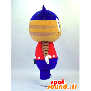 Mascotte de Robonya, chat beige et bleu en tenue rouge et bleue - MASFR27337 - Mascottes Yuru-Chara Japonaises