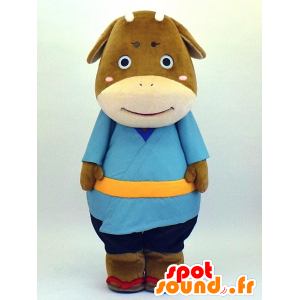 Cow mascot Goro, brown and beige cow with a blue kimono - MASFR27338 - Yuru-Chara Japanese mascots