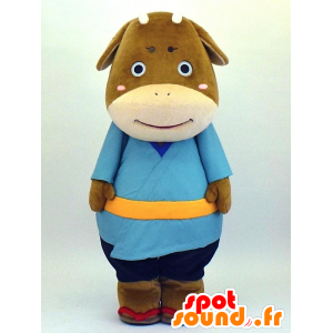 Mucca mascotte Goro, marrone e beige mucca con un kimono blu - MASFR27338 - Yuru-Chara mascotte giapponese