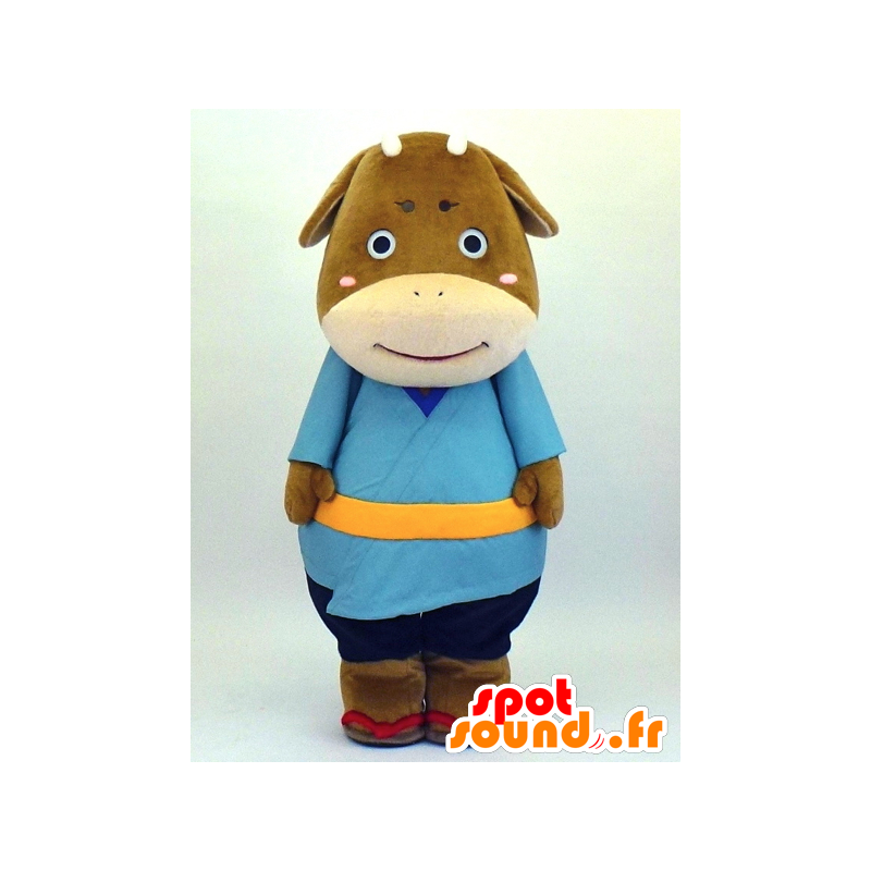 Mucca mascotte Goro, marrone e beige mucca con un kimono blu - MASFR27338 - Yuru-Chara mascotte giapponese