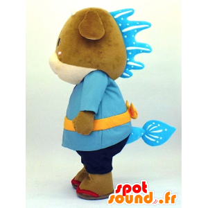 Mascotte de vache Goro, vache marron et beige avec un kimono bleu - MASFR27338 - Mascottes Yuru-Chara Japonaises