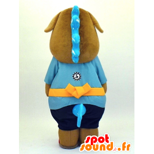 Mascotte de vache Goro, vache marron et beige avec un kimono bleu - MASFR27338 - Mascottes Yuru-Chara Japonaises