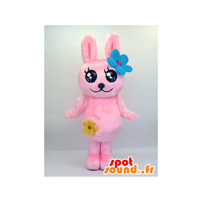 Hairy pink bunny mascot with flowers and big eyes - MASFR27342 - Yuru-Chara Japanese mascots