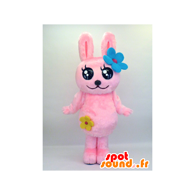 花と大きな目を持つ毛深いピンクのウサギのマスコット-MASFR27342-日本のゆるキャラのマスコット
