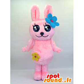 Hairy rosa Hase Maskottchen mit Blumen und großen Augen - MASFR27342 - Yuru-Chara japanischen Maskottchen