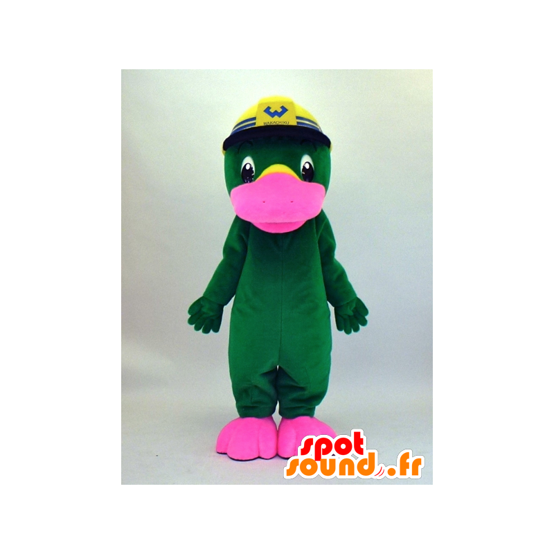 Mascotte de Wakkun, ornithorynque vert et rose avec un casque - MASFR27345 - Mascottes Yuru-Chara Japonaises