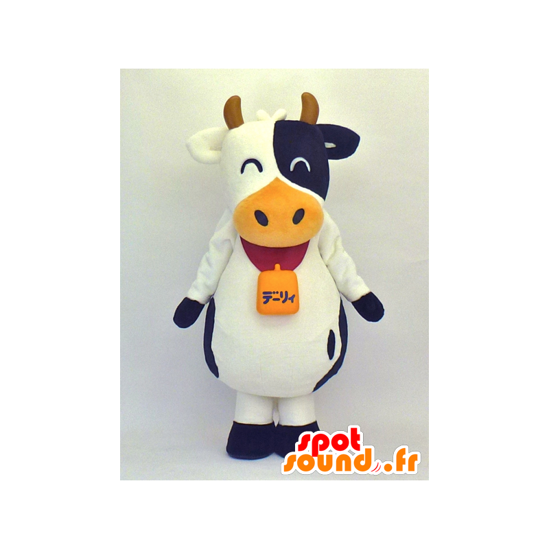 Moo-cow chan maskot, sort og hvid ko, griner - Spotsound maskot