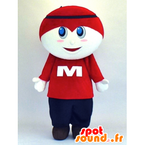 Vit pojkemaskot i blå och röd outfit - Spotsound maskot