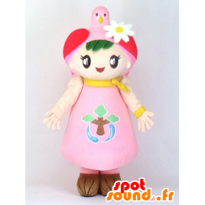 Borne-chan maskot, flicka klädd i rosa med en fågel - Spotsound