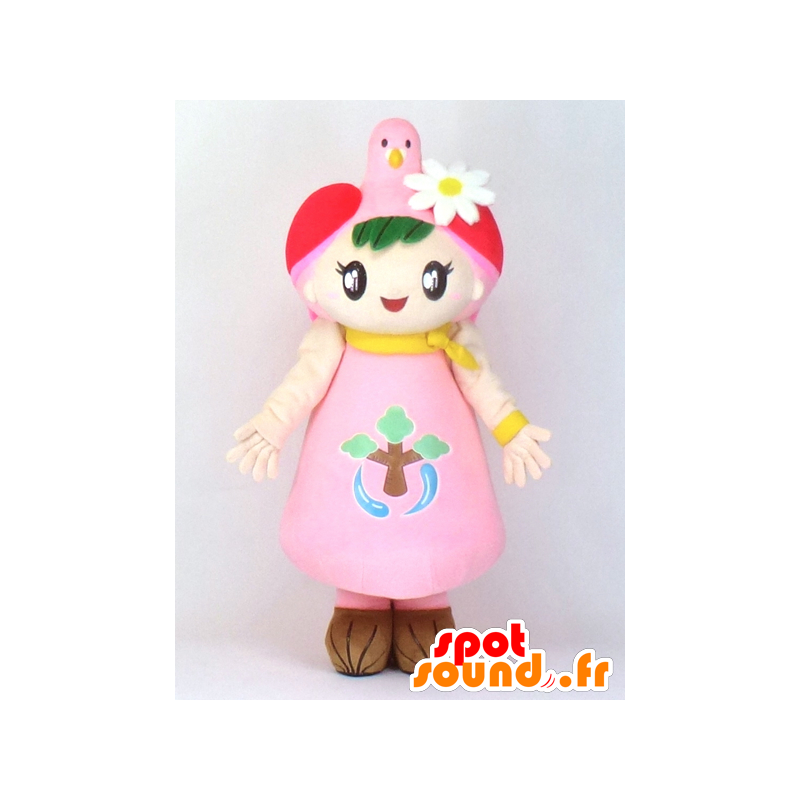 Mascotte de Borne-chan, fillette habillée en rose avec un oiseau - MASFR27364 - Mascottes Yuru-Chara Japonaises