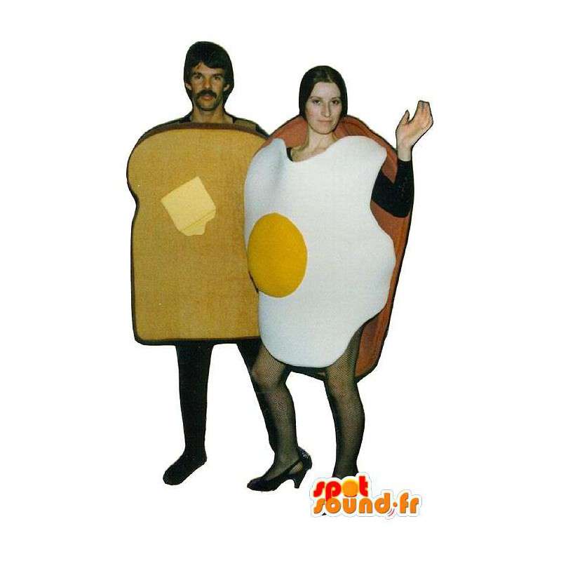 2 maskoter, et stekt egg og brød smørbrød - MASFR007062 - Fast Food Maskoter