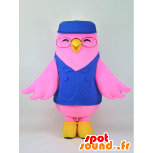 Aibado maskot, rosa och gul fågel klädd i blå uniform -