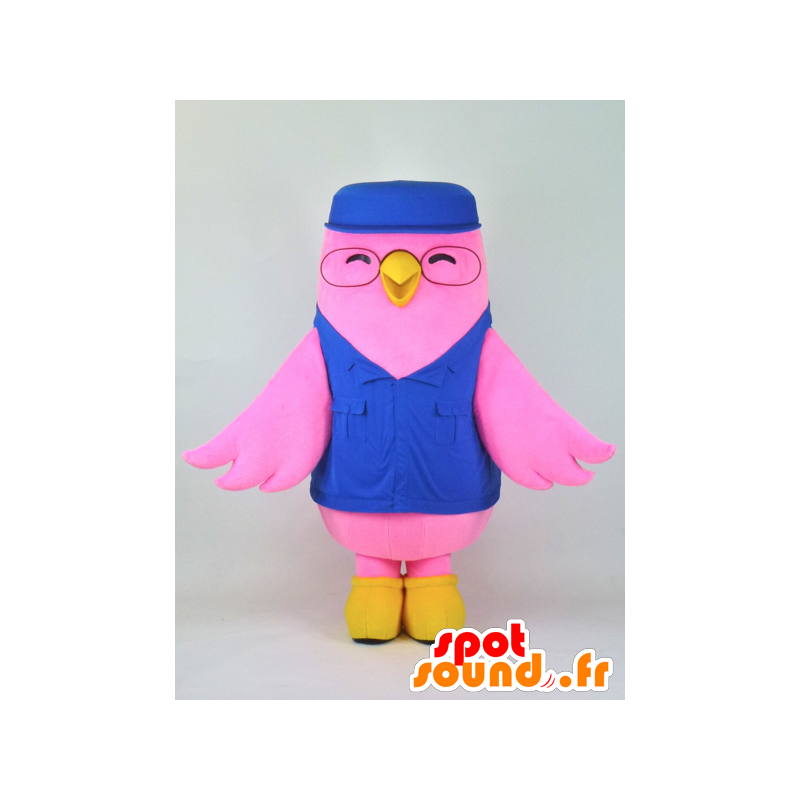 Aibado mascotte vestita in uniforme blu e giallo uccello rosa - MASFR27372 - Yuru-Chara mascotte giapponese