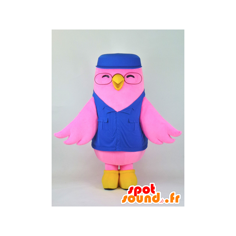 Mascot Aibado kledd rosa og gul fugl i blå uniform - MASFR27372 - Yuru-Chara japanske Mascots