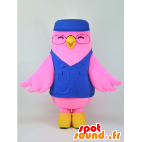 Mascotte de Aibado, oiseau rose et jaune habillé en uniforme bleu - MASFR27372 - Mascottes Yuru-Chara Japonaises