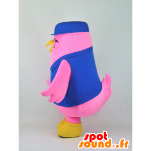 Aibado mascotte vestita in uniforme blu e giallo uccello rosa - MASFR27372 - Yuru-Chara mascotte giapponese