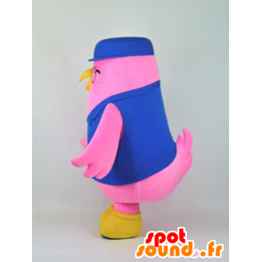 Aibado maskot, lyserød og gul fugl klædt i blå uniform -