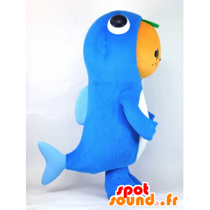 Mika Toto maskot, kæmpe fisk, blå med et orange hoved -