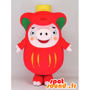 Mascotte de Ofunaton, cochon rose, vert et rouge, dodu et drôle - MASFR27394 - Mascottes Yuru-Chara Japonaises