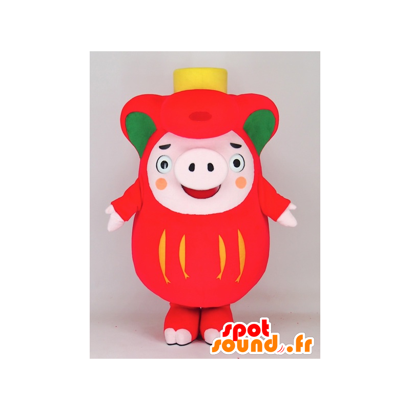 Mascotte de Ofunaton, cochon rose, vert et rouge, dodu et drôle - MASFR27394 - Mascottes Yuru-Chara Japonaises