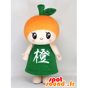 Daliang chan maskot, kæmpe orange, med en grøn kjole -
