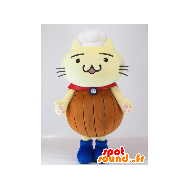 Maskot Shirojan, gul og brun kat med kokkehue - Spotsound