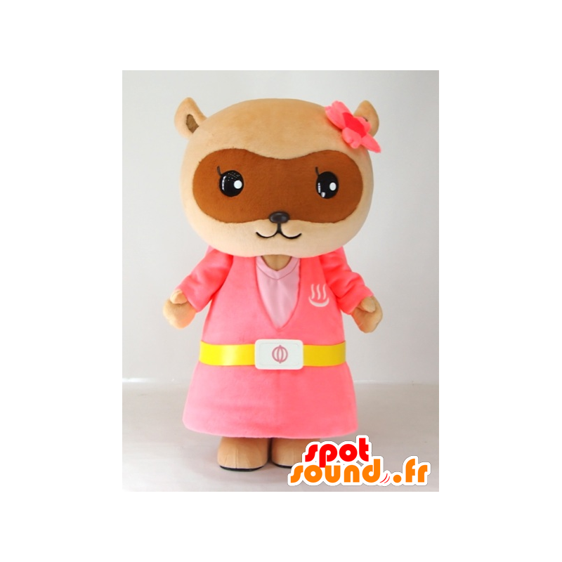 Mascot Yutapon vaaleanpunainen, pesukarhu pukeutunut pinkki - MASFR27408 - Mascottes Yuru-Chara Japonaises