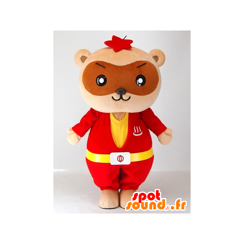 Yutapon röd maskot, tvättbjörn klädd i rött och gult -