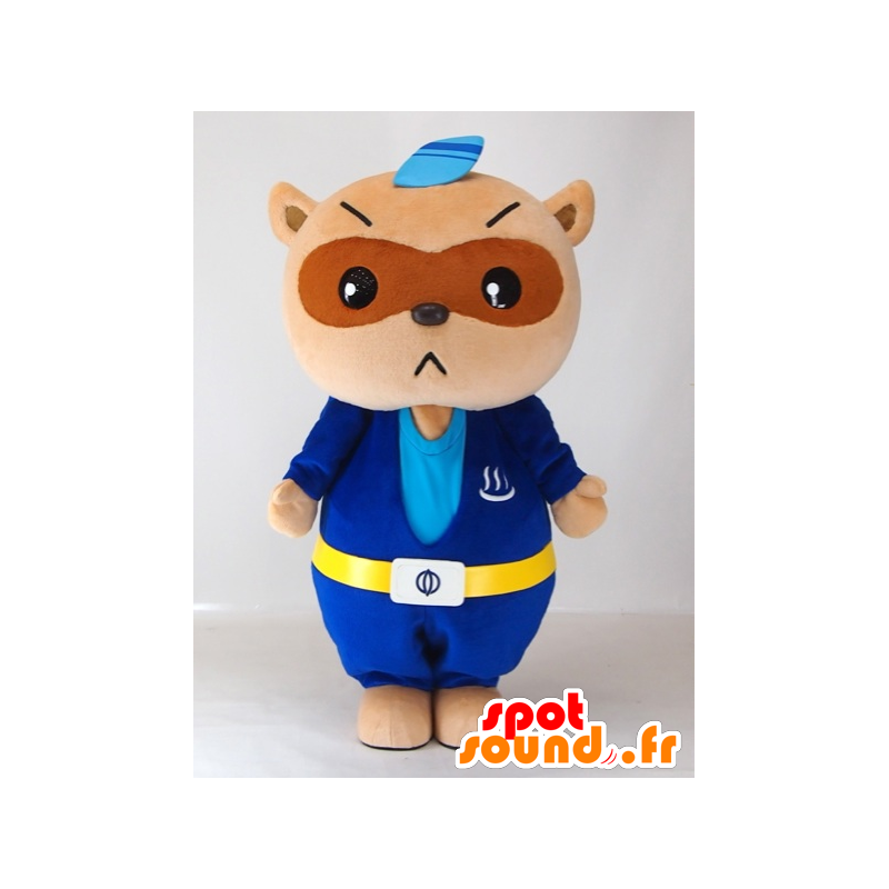 Yutapon Blue maskot, tvättbjörn klädd i blått - Spotsound maskot