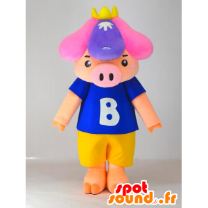 Mascot Shobu, lyserød gris, iført shorts og en t-shirt -