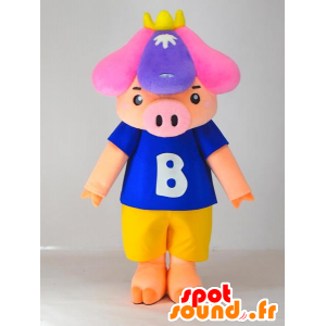 Mascot Shobu, porco cor de rosa, vestindo shorts e uma t-shirt - MASFR27418 - Yuru-Chara Mascotes japoneses