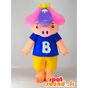 Mascotte de Shobu, cochon rose, vêtu d'un short et d'un t-shirt - MASFR27418 - Mascottes Yuru-Chara Japonaises