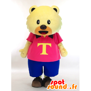 Mascot Tokki, geel teddybeer gekleed in roze en blauw - MASFR27434 - Yuru-Chara Japanse Mascottes