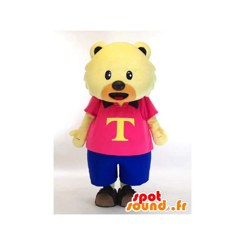 Mascotte de Tokki, nounours jaune habillé en rose et bleu - MASFR27434 - Mascottes Yuru-Chara Japonaises