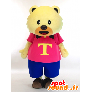 Tokki mascotte, giallo orsacchiotto vestito in rosa e blu - MASFR27434 - Yuru-Chara mascotte giapponese