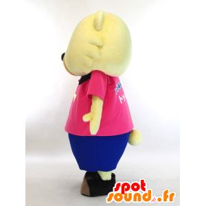 Μασκότ Τόκκων, κίτρινο αρκουδάκι ντυμένη στα ροζ και μπλε - MASFR27434 - Yuru-Χαρά ιαπωνική Μασκότ