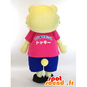 Mascotte de Tokki, nounours jaune habillé en rose et bleu - MASFR27434 - Mascottes Yuru-Chara Japonaises